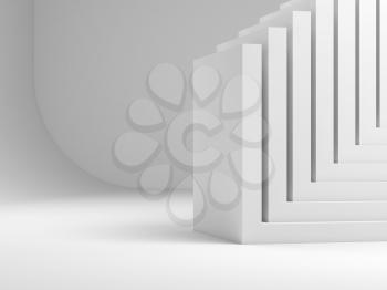 Abstract white geometric installation. Stacked corners over blank studio wall background. 3d rendering illustration 