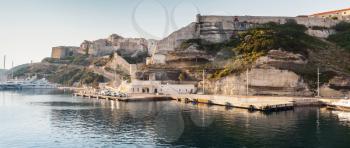 Bonifacio. Panoramic landscape in morning, town on mountainous Mediterranean island Corsica, Corse-du-Sud, France