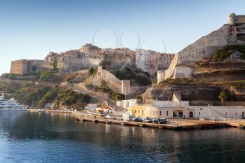 Bonifacio landscape in morning, town on mountainous Mediterranean island Corsica, Corse-du-Sud, France