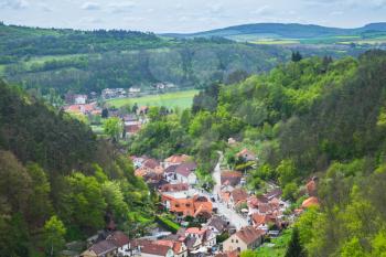 Karlstejn village bird eye view. It is a small market town in the Central Bohemian Region of the Czech Republic