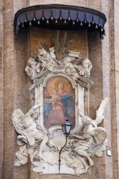 Largo Pietro di Brazza. Classical ancient painting of the Nativity of Jesus on old Roman building. Rome, Italy. Largo Pietro di Brazza
