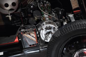 Old timer parts model. Engine, generator and battery of vintage car