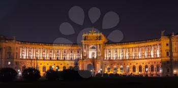 Austrian National Library building at night, Hofburg complex, Vienna, Austria.