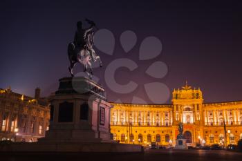 Statue of Archduke Charles at night. Heldenplatz square, Vienna, Austria. Designed by Anton Dominik Fernkorn in 1859