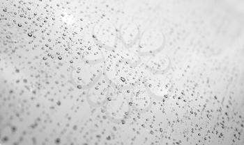 Water drops are on window glass, background texture, black and white photo with selective focus