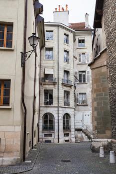 Street view of old Geneva, Switzerland. Ordinary living houses in historical center