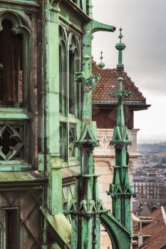 Saint Peters Cathedral, Geneva, Switzerland. Vertical retro toned photo