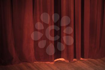 Red velvet curtain and wooden stage, background photo texture