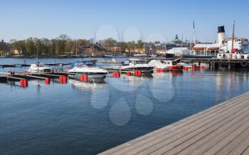 Pleasure motor boats moored in Stockholm city, Sweden