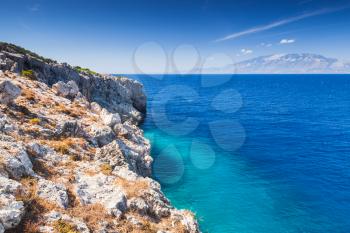 Coastal landscape with coastal rocks of Greek island Zakynthos in the Ionian Sea