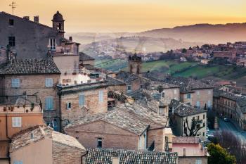 Old Italian town under morning sky. Province of Fermo, Italy