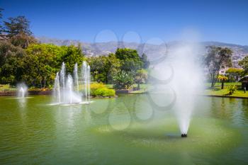 Fountains in pond of Santa Catarina Park, this is one of the largest parks of Funchal, Madeira island, Portugal