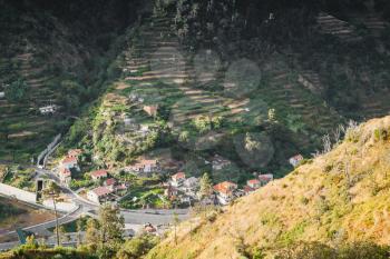 Serra de Agua. Mountain landscape of Madeira Island with small village. Portugal
