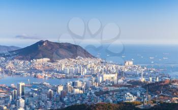Busan, South Korea. Aerial view with coastal buildings and ships