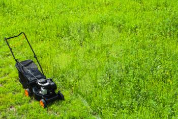 Modern gasoline powered grass mower stands on fresh green lawn in summer garden, top view