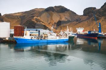 Cargo ships in port of Vestmannaeyjar island, Iceland