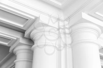 White columns with portico, empty white classic interior fragment
