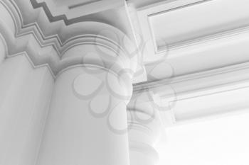 Round white columns with portico, abstract white classic interior fragment