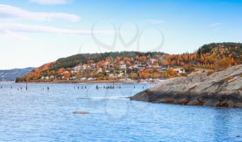 Hommelvik, coastal village in Norway. Rural Norwegian landscape at autumn day