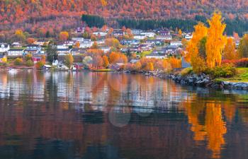 Coastal landscape of Kyrksaeterora village at autumn day, Norway