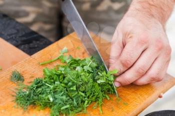Greens chopping. Cook hands with knife, close-up photo with selective focus