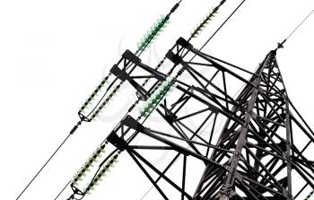 Lattice-type steel tower fragment as a part of high-voltage line. Overhead power line details isolated on white background