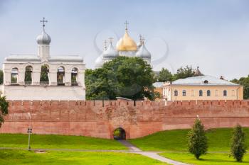 Veliky Novgorod landscape with kremlin walls and St. Sophia Cathedral under blue cloudy sky in summer day, Russia