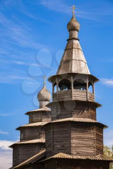 Facade of ancient Russian wooden Orthodox church, Veliky Novgorod, Russia