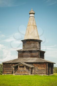 Ancient Russian Orthodox wooden church exterior, Veliky Novgorod, Russia. Vintage toned photo