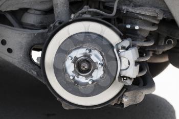 Close-up photo of brake disk and suspension springs. Replacing wheel on modern SUV car