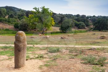 Prehistoric stone statue of Menhir in Filitosa. It is a megalithic site in southern Corsica, France