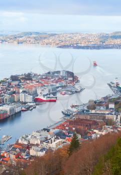 Bergen Havn vertical cityscape in spring morning, Norway. Aerial view 