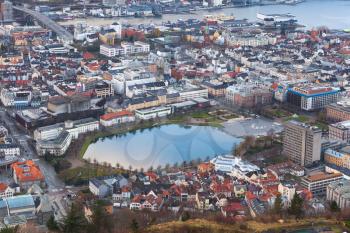 Cityscape with Lille Lungegardsvannet - small octagonal lake in city of Bergen in Hordaland county, Norway. Aerial view 