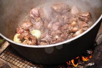 Lamb with whole onion stew in a cauldron. Preparing of Chorba soup on open fire, traditional meal for many national cuisines in Europe, Africa and Asia 
