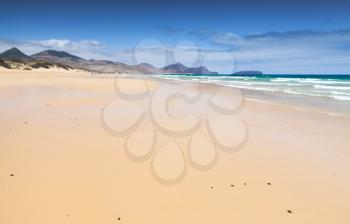 Wide empty sandy beach landscape Porto Santo island in summer, Madeira archipelago, Portugal