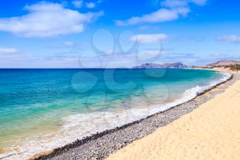 Vila Baleira beach. Coastal landscape of Porto Santo island in Madeira archipelago, Portugal