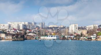 Sevastopol Bay, seaside cityscape in sunny spring day