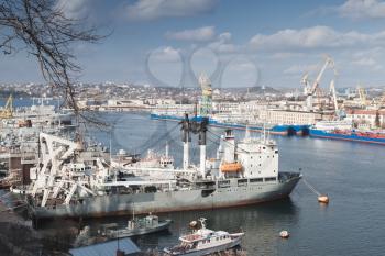 Sevastopol Bay, seaside cityscape with moored ships