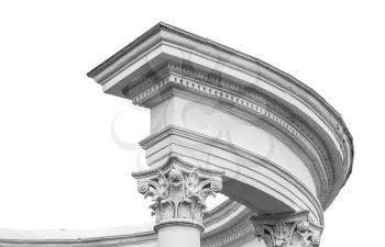 Classical round portico fragment, white columns isolated on white background