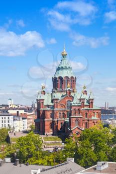 Uspenski Cathedral in summer day. Eastern Orthodox cathedral in Helsinki, Finland, dedicated to the Dormition of the Theotokos, was built in 1862-1868