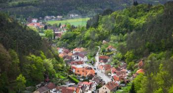 Karlstejn village panorama, bird eye view. It is a small market town in the Central Bohemian Region of the Czech Republic