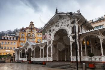 Street view of  Karlovy Vary town, Czech Republic. Gallery with mineral water