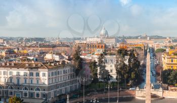 Rome, Italy. Morning cityscape of Piazza del Popolo, looking west from the Pincian Hill