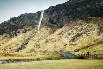 Landscape with small Seljalandfoss waterfall, one of the most popular natural landmark of Iceland