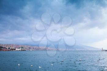 Coastal cityscape with floating seagulls under cloudy sky. Izmir, Turkey