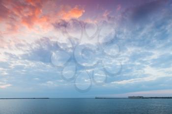 Landscape of Sevastopol Bay in sunset under colorful evening sky