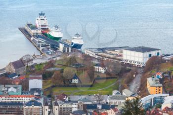 Ships moored in port, aerial view. Bergen, Norway