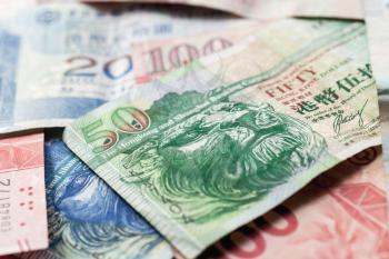 Hong Kong dollars macro photo, paper banknotes with selective focus