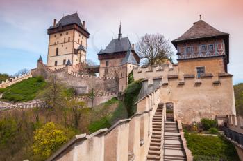Karlstejn castle exterior. Gothic castle founded 1348 CE by Charles IV, Holy Roman Emperor-elect and King of Bohemia. Karlstejn village, Czech Republic