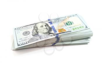 United States currency, bundle of One Hundred Dollars isolated on white background, close-up photo with soft selective focus